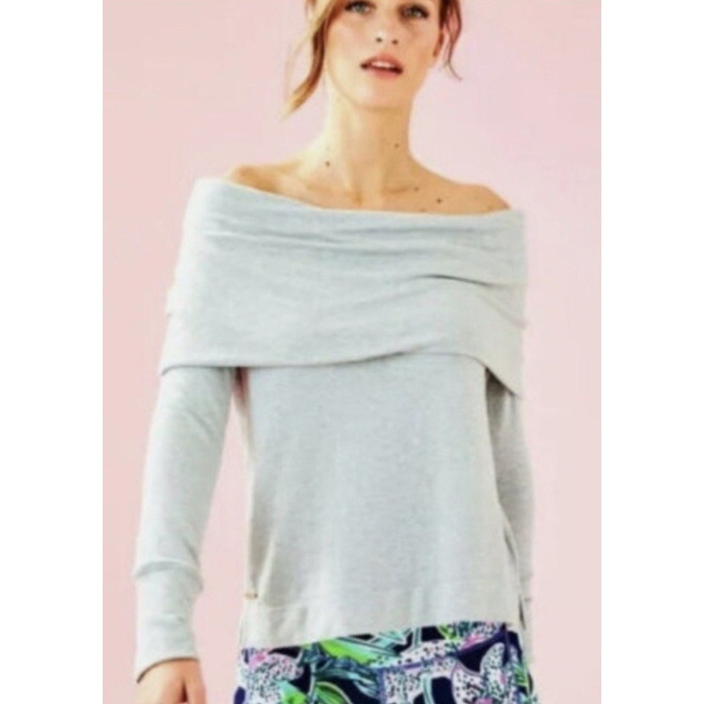 Lilly Pulitzer Belinda SMALL Top Off Shoulder Grey Long Sleeve Knit Cowl-Neck